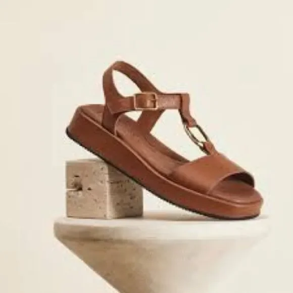 Paul Green Taos Platform Sandal Cognac Leather Gold Accents Sz 8 (US9) Vacation - Picture 13 of 14